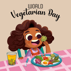 happy world vegetarian day illustration of girl eating healthy food