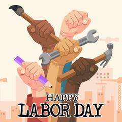 happy labor day banner, flyer, poster design. illustration of hands holding tools icons of various job professions