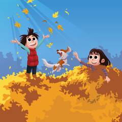 illustration of autumn celebration of boy and girl on pile of dry leaves