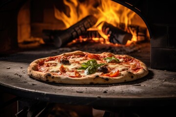 A close-up of a Neapolitan pizza, fresh from a wood-fired oven. Perfect dough, vibrant ingredients, crafted by a skilled pizzaiolo; no people present