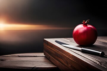 red pomegrant present on wooden table and background is black