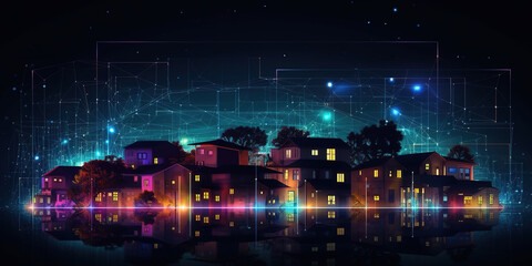 Digital community, smart homes and digital community. DX, Iot, digital network in society concept. Suburban houses at night with data transactions. Generative Ai