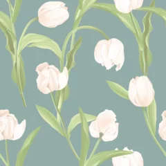 Gordijnen Floral seamless pattern, white tulips and leaves on green © momosama