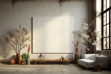 A blank mockup canvas positioned amidst large potted plants within a rustic interior setting, evoking a natural and inviting ambiance. Photorealistic illustration, Generative AI
