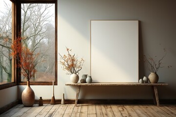 An empty mockup frame casually leaning against the wall, offering a touch of creative charm to the space. Photorealistic illustration, Generative AI