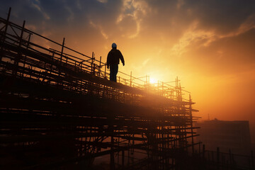 Obraz premium People work structure site silhouette sunset construct workers engineer industrial