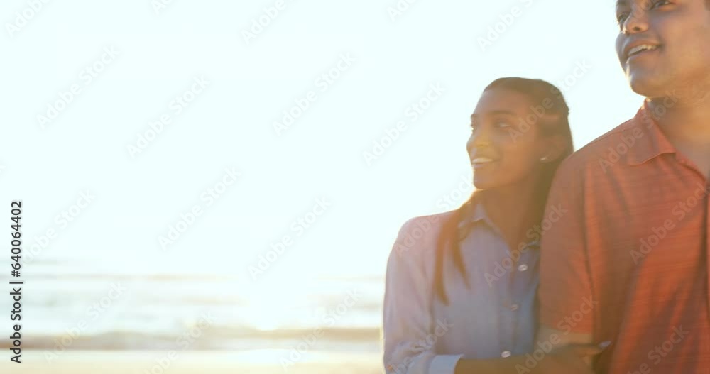 Poster Beach, smile and couple walking, pointing hand and speaking of nature, adventure or travel, journey or scenery. Ocean, love and man with woman at sea with love, happy and bond with romance or freedom