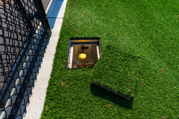 Quick connect hose hookup within a synthetic turf, grass, utility ground box with cover. - obrazy, fototapety, plakaty