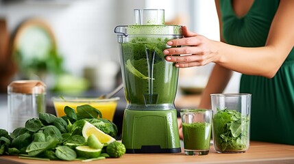 An image of making a green smoothie using a blender. - obrazy, fototapety, plakaty