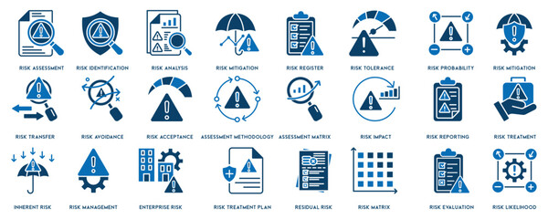 Risk Management Icons. Contains such concept Icons as Threat Analysis, Warnings, Risk Assessment and more