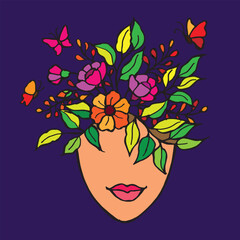 Beutiful face with flower ,Female face symbol , World mental health day 