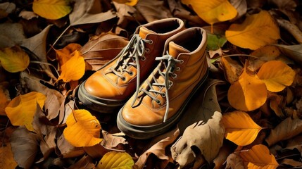 Autumn boots standing atop a pile of colorful fall leaves, capturing the essence of the changing season