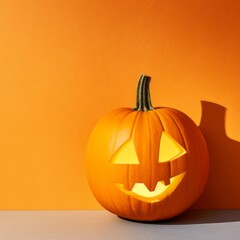 A playful carved pumpkin face stands out against an orange minimalist background, ready for Halloween festivities