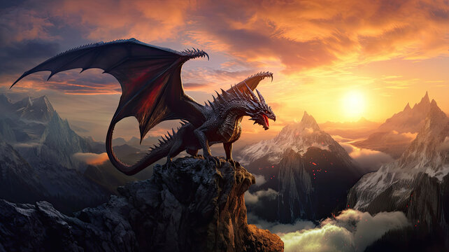 Photo realistic, beautiful majestic black dragon, opulent, mountain background sunset