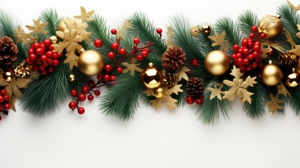 Fototapeta na wymiar Festive Christmas garland, isolated on white background. Fir green branches are decorated with gold stars, fir cones and red berries. Christmas decor.
