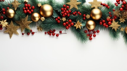 Fototapeta na wymiar Festive Christmas garland, isolated on white background. Fir green branches are decorated with gold stars, fir cones and red berries. Christmas decor.