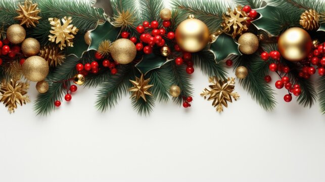 Festive Christmas garland, isolated on white background. Fir green branches are decorated with gold stars, fir cones and red berries. Christmas decor.