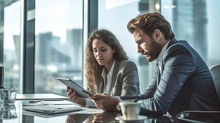 Two business people, a business man and a business woman, engage in a discussion as they read a financial report together.