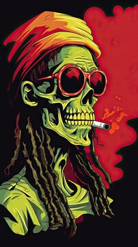 A whimsical illustration of a Rastafarian zombie skeleton puffing on a cigar, embodying a laid-back and carefree lifestyle. The image serves as a lighthearted take on living life. Generative AI