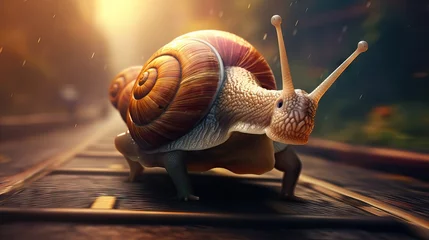 Fotobehang An imaginative image depicting a snail zooming rapidly toward a finish line, defying its slow-moving stereotype and illustrating the concept of unexpected victory. Generative AI. © Sebastián Hernández