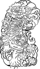 Obraz premium Traditional Japanese tiger with flower and clouds for tattoo design on background.Chinese culture for doodle art on white isolated.Japanese flower for coloring book.Vector illustration of Asian.