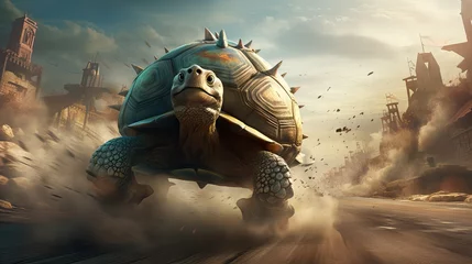 Deurstickers An exhilarating image of a turtle sprinting at full speed, kicking up dust from the ground as it defies its stereotype of slowness. This vibrant scene challenges conventional wisdom. Generative AI © Sebastián Hernández
