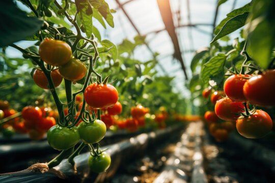 Growing organic tomatoes plantation in a greenhouse