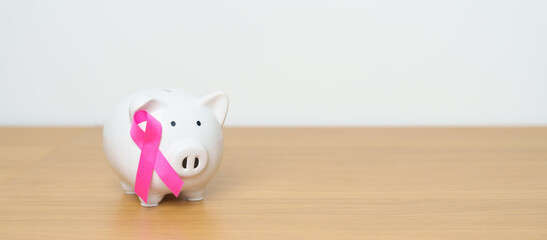 October Breast Cancer Awareness month, Pink Ribbon with Piggy Bank for support illness life....