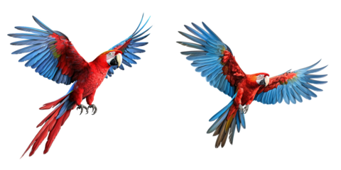 Scarlet macaw parrot flying isolated on transparent background Generative AI