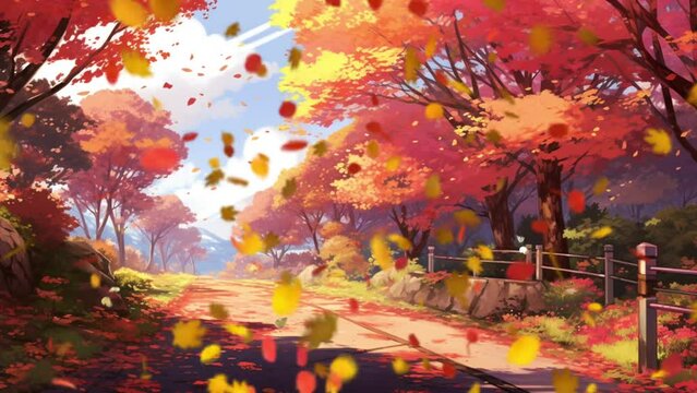 village road scene, orange maple trees, autumn leaves. animate video.