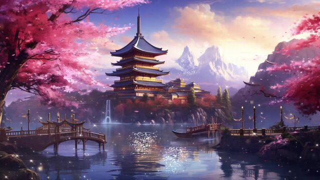 pagoda tower in a riverside Japanese village. mountain background with evening orange clouds. village road scene, orange maple trees, autumn leaves. Seamless looping animated background.