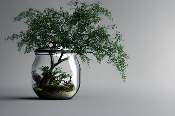 A tree grows on a coin in a glass jar with copy space