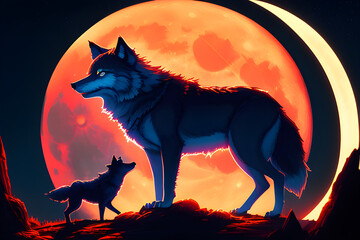 Wolf howling at the moon in the midnigt