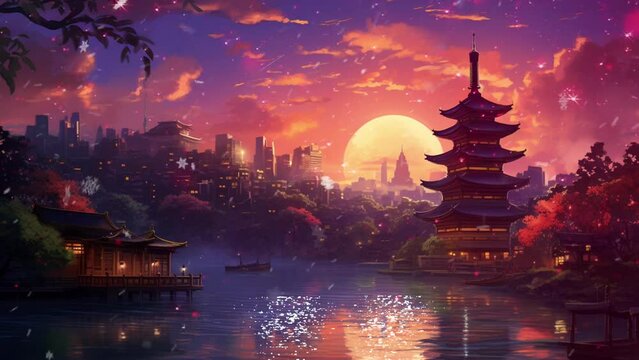view of a village by the river with a background in Japanese cities and pagodas, the sun shines in the afternoon. Animated looping background.