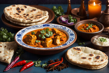 kerala chicken curry Indian cuisine with toast, chicken curry and spicy chili sauce