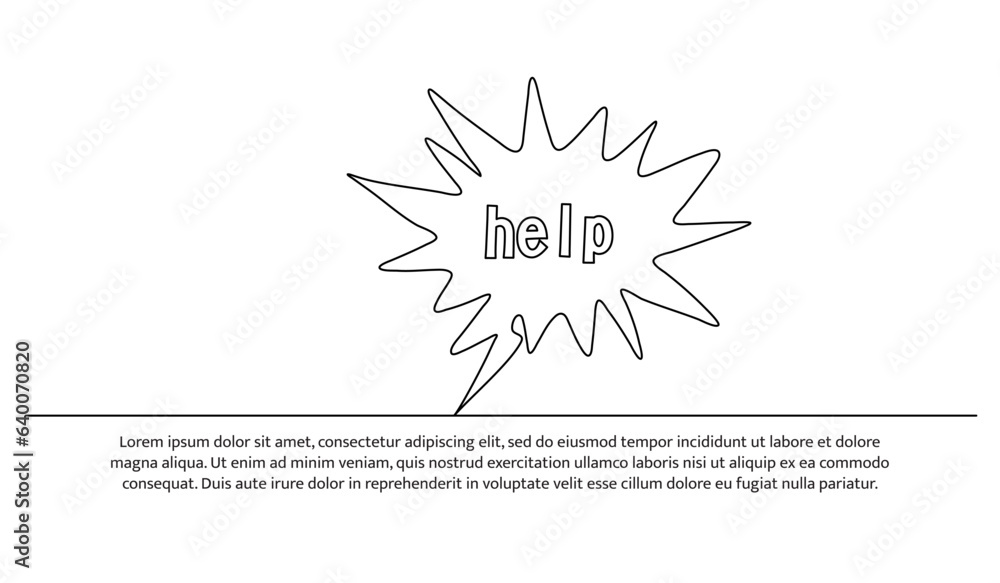 Poster one continuous line design of word stickers helps in speech bubbles. decorative elements drawn on a 