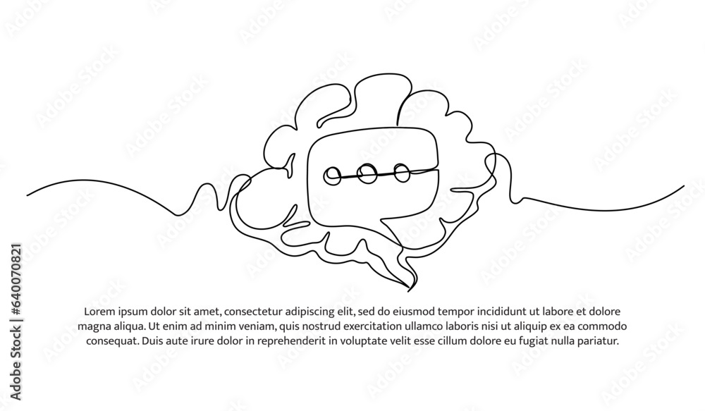 Poster one continuous line design of speech bubble and human brain. decorative elements drawn on a white ba
