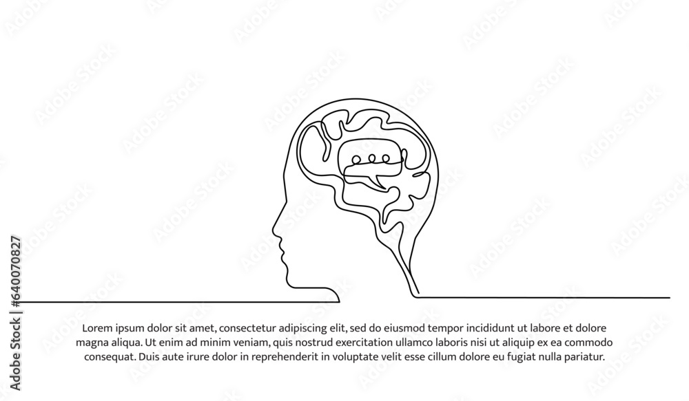 Poster one continuous line design of speech bubbles in the man brain. decorative elements drawn on a white 