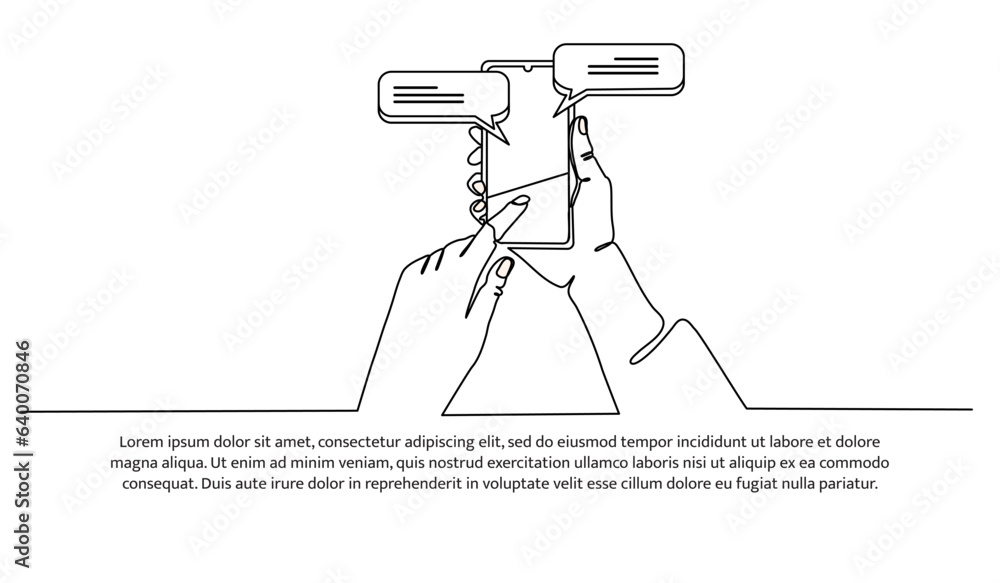 Poster one continuous line design of hand holds the smartphone with messenger application. decorative eleme