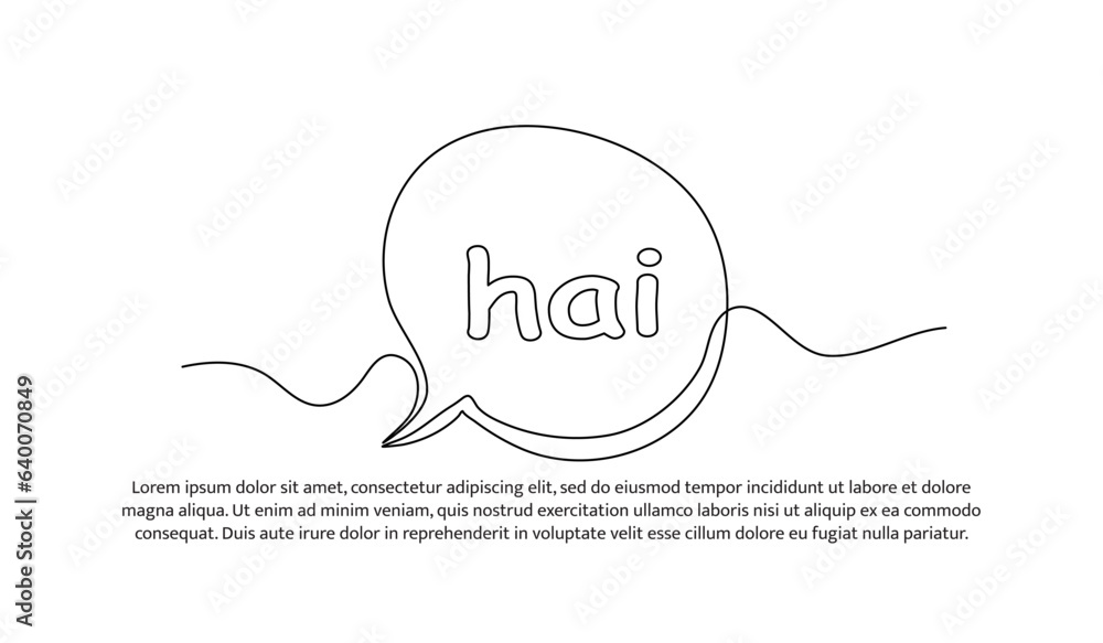 Poster one continuous line design of simple hi word speech bubble. decorative elements drawn on a white bac