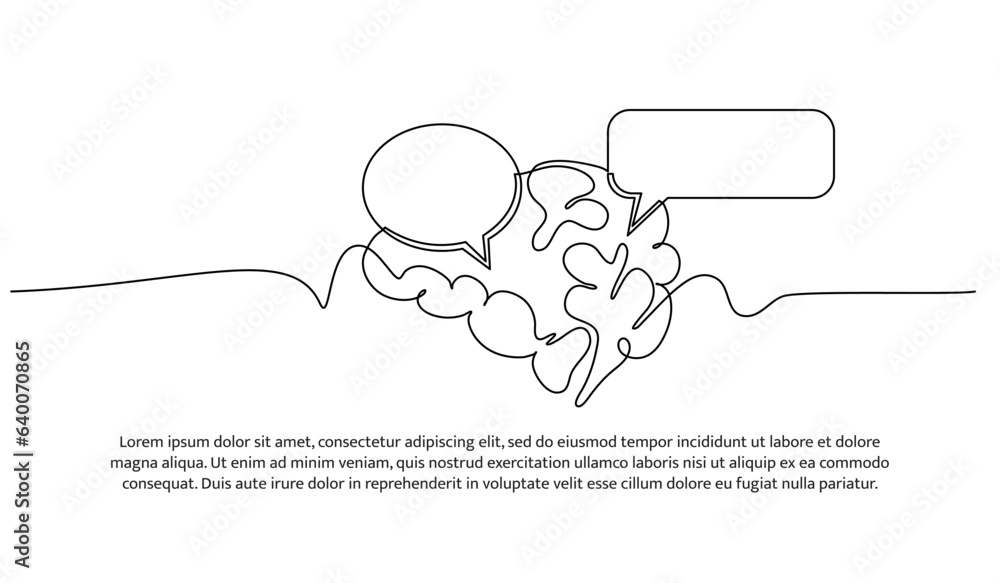 Poster one continuous line design of speech bubble and human brain. decorative elements drawn on a white ba