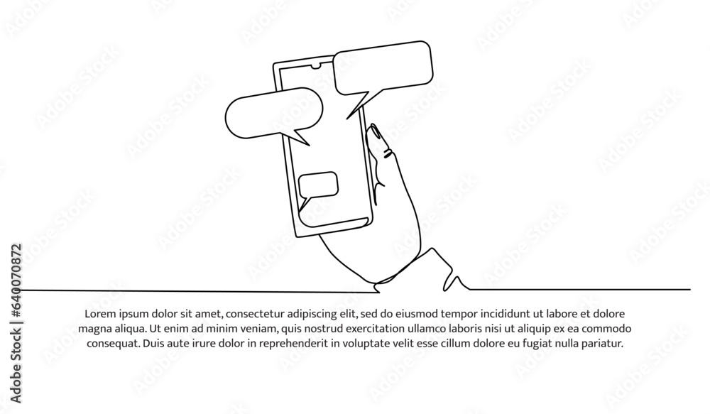 Poster one continuous line design of hand holds the smartphone with messenger application. decorative eleme
