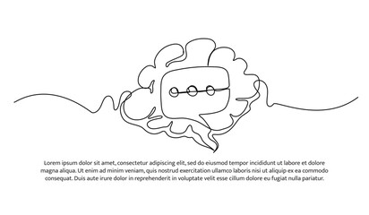 One continuous line design of speech bubble and human brain. Decorative elements drawn on a white background.