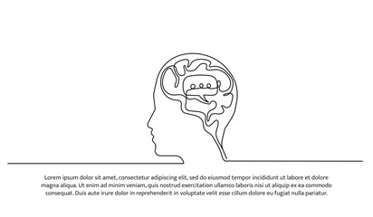 One continuous line design of speech bubbles in the man brain. Decorative elements drawn on a white background.