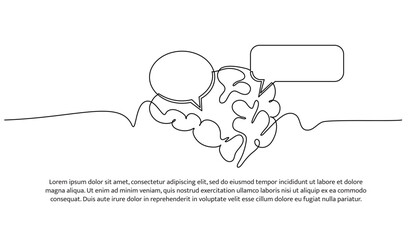 One continuous line design of speech bubble and human brain. Decorative elements drawn on a white background.