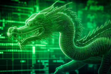 Neon Green Dragon with green stock market graph for China economics concept, Generative AI