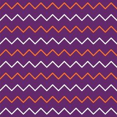 Seamless geometric pattern with chevron line. White and orange zigzag line on violet background. Concept pattern for halloween.