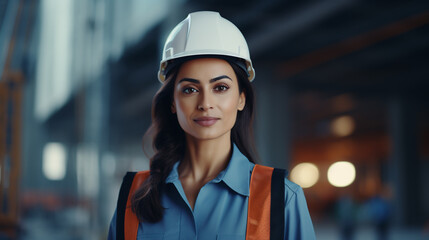 portrait of a brunette female worker in a helmet and orange vest, created by AI