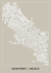 Monterrey (Nuevo León, Mexico) street map outline for poster, paper cutting.