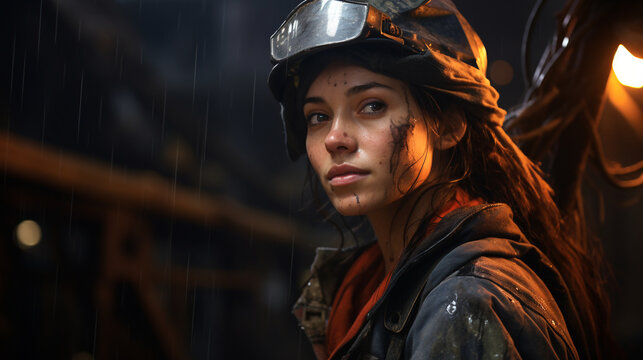 female miner with dirty face in mine, AI generated